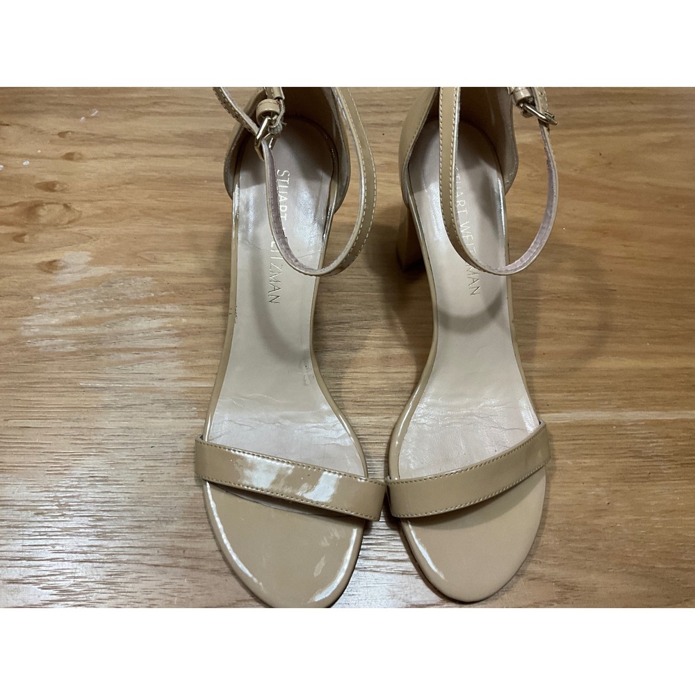 Stuart Weitzman Nearlynude Beige Patent Leather Block Heel Sandals Size 9 M